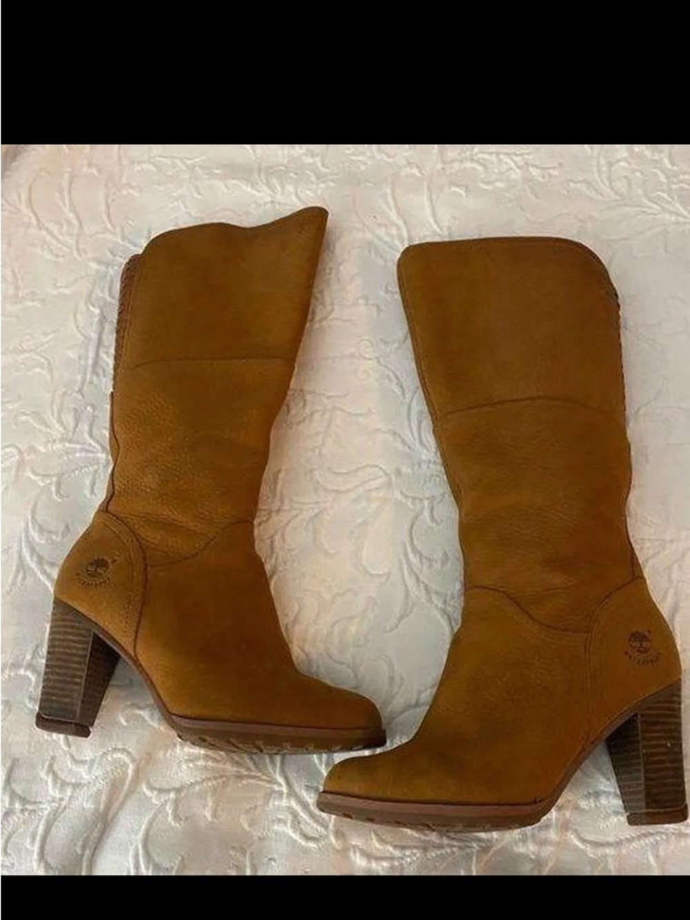 Women's Timberland EK Stratham tall Suede Mid-Calf Tan Leather Heeled Boots